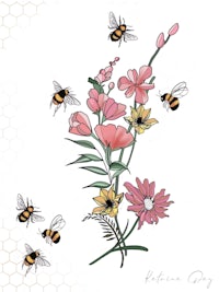 bees and flowers on a white background