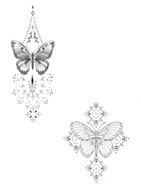 a black and white drawing of a butterfly and a flower