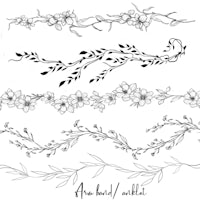 a black and white drawing of a branch with flowers and leaves