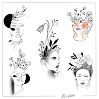 a set of drawings of women with flowers on their heads