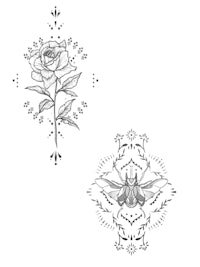 a black and white drawing of a rose and a bee