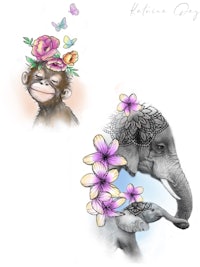 two drawings of an elephant and a monkey with flowers on their heads