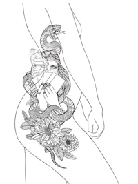 a drawing of a woman with a snake and flowers on her thigh
